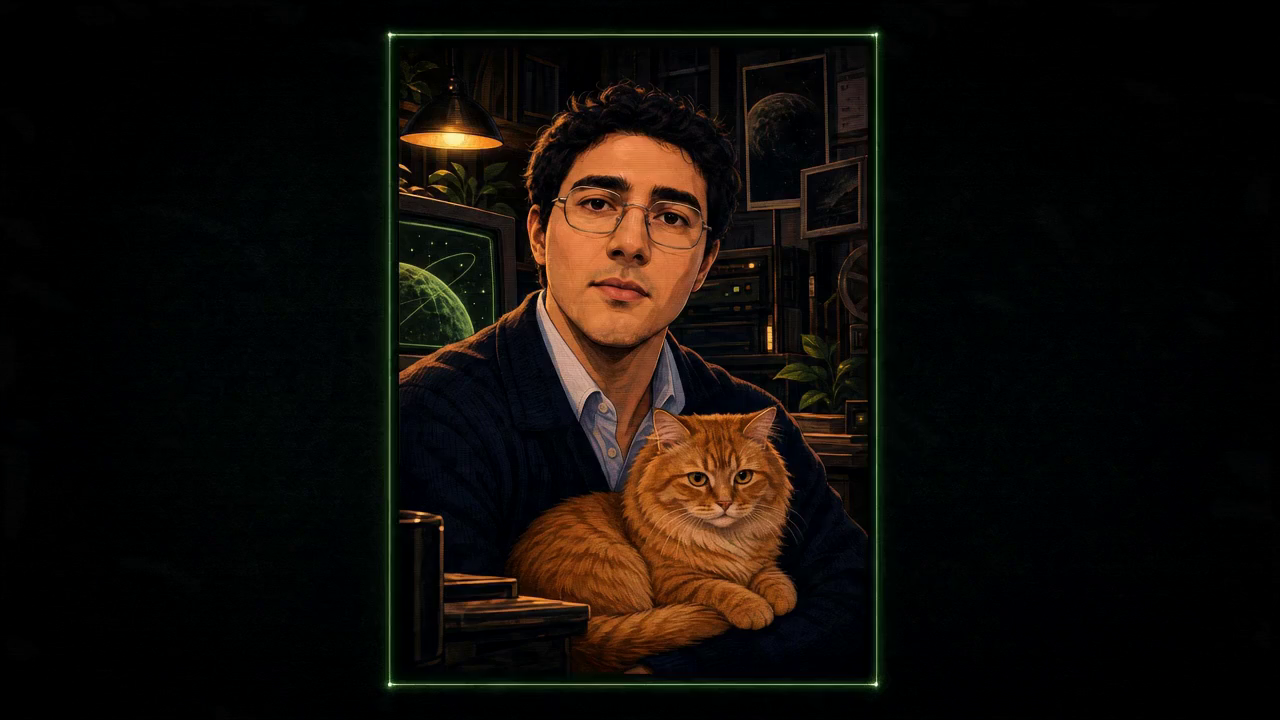 Anime portrait of Eren Edebali, wearing glasses in a quiet retro-futurist studio.