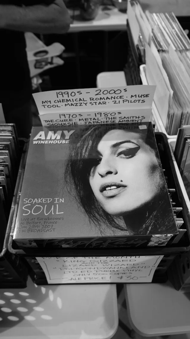 A record sleeve showing a singer's face sits at the front of a crate.
